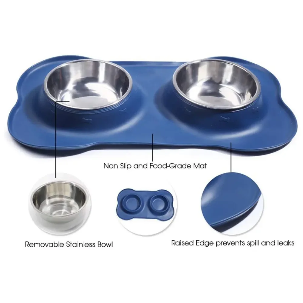 Vivaglory Dog Stainless Steel Water & Food Bowl Pet Cat Feeder With Silicone Mat